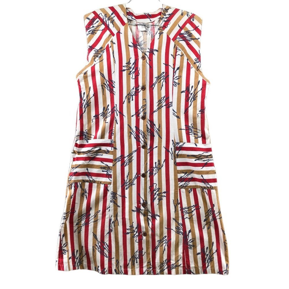 Vintage 70s Pinafore House Dress Size Medium Striped Multicolor Hippie Cotton